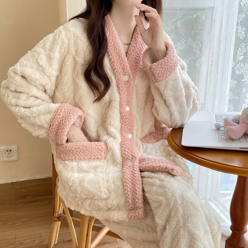 珊瑚絨睡衣女士2023新款秋冬季加絨加厚冬天可愛法蘭絨家居服套裝