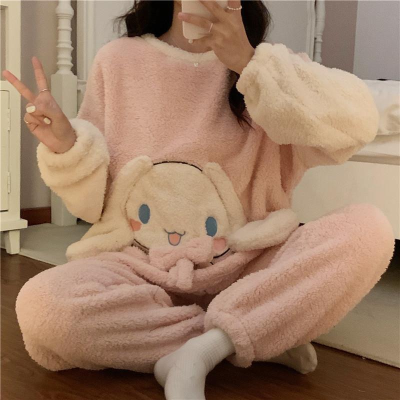 粉色小狗珊瑚絨睡衣女秋冬加絨加厚日系可愛學生保暖法蘭絨家居服