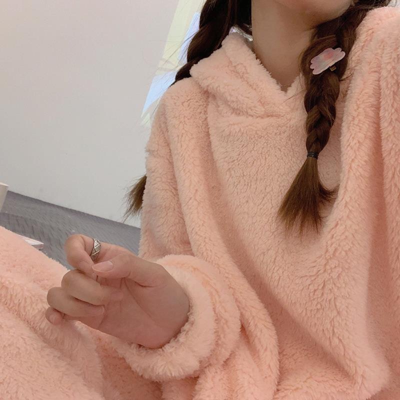 珊瑚絨睡衣女春秋冬季2023年新款連帽法蘭絨居家服可外穿兩件套裝
