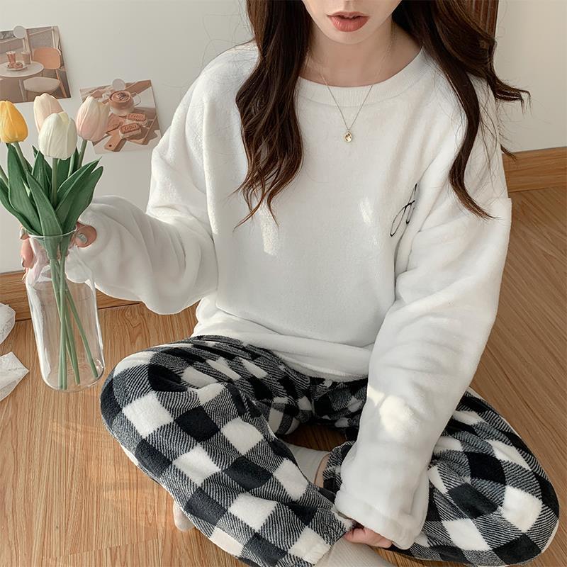 珊瑚絨睡衣女春秋冬季加厚加絨法蘭絨ins韓風格子外穿家居服套裝