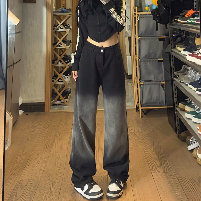 梨型身材漸變直筒牛仔褲女網紅休閒撞色高腰寬鬆黑灰拖地闊腿長褲