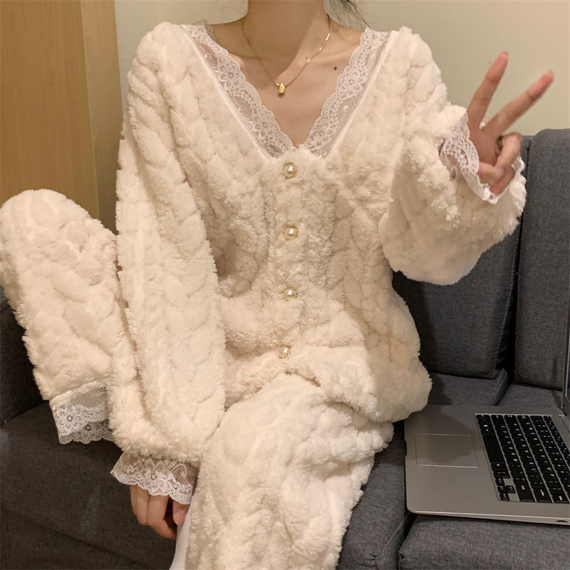 珊瑚絨睡衣女冬季款加絨加厚法蘭毛絨外套網紅風可外穿套裝家居服