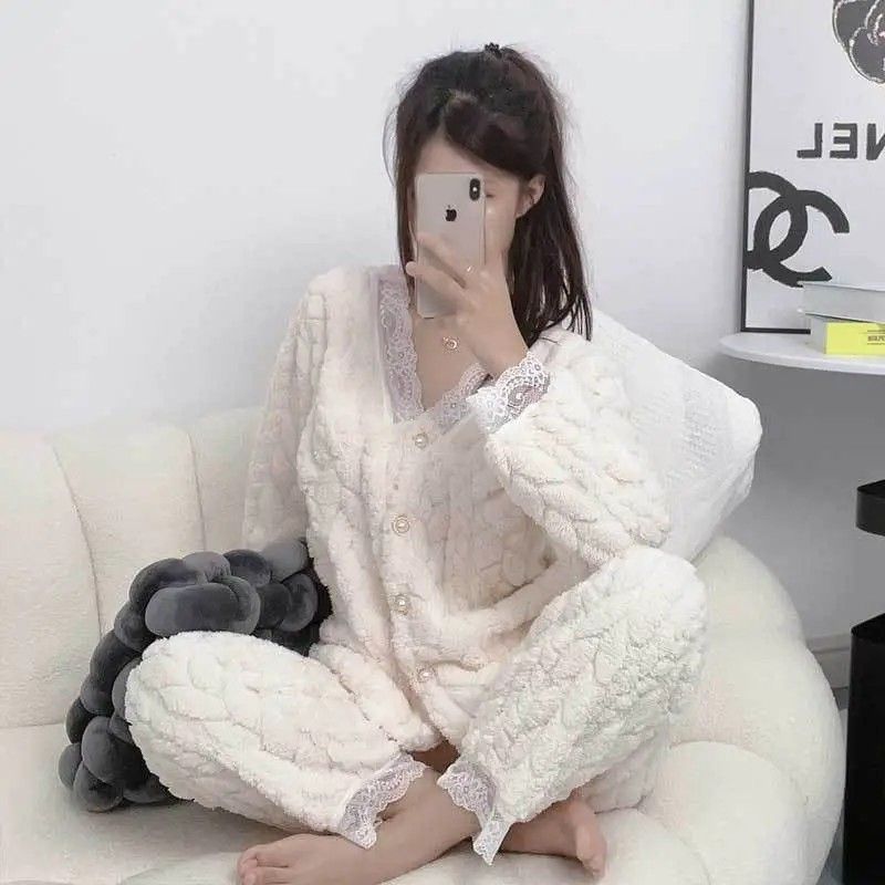 珊瑚絨睡衣女冬季2023年新款加絨加厚蕾絲法蘭絨可外穿家居服套裝