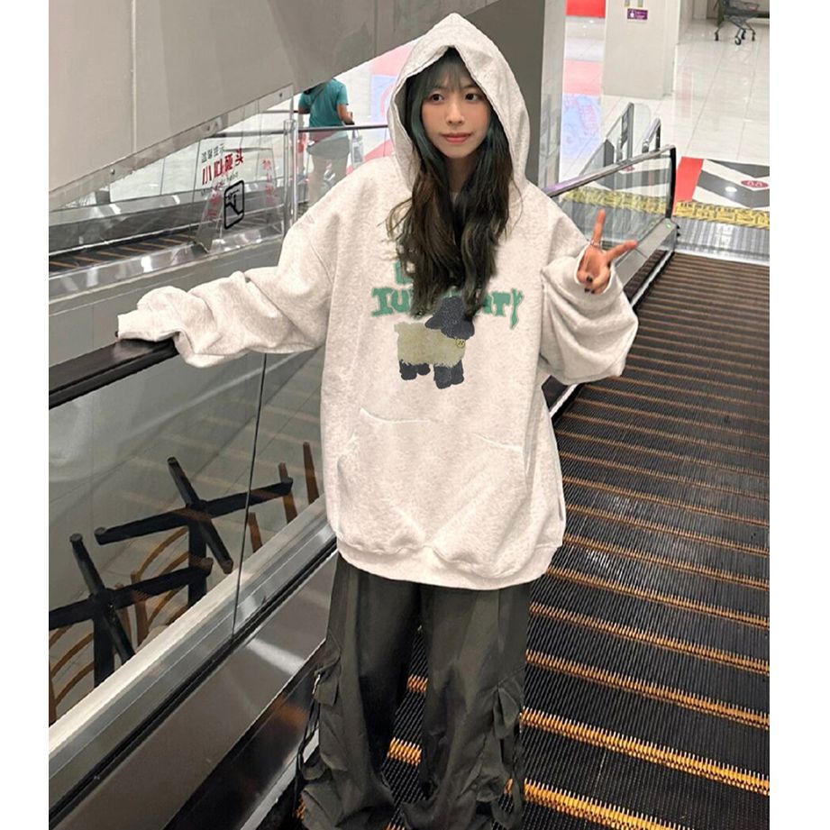 100%重磅純棉綿羊印花衛衣女2023春秋薄款外套連帽寬鬆慵懶上衣