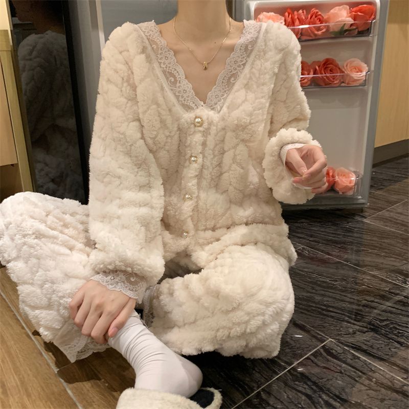 珊瑚絨睡衣女秋冬季新款可愛公主風法蘭絨冬天加絨加厚家居服套裝