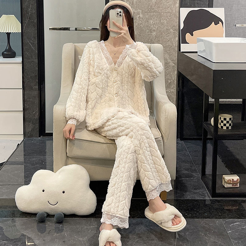 珊瑚絨睡衣女冬季2023年新款可愛加絨加厚秋冬天法蘭絨家居服套裝
