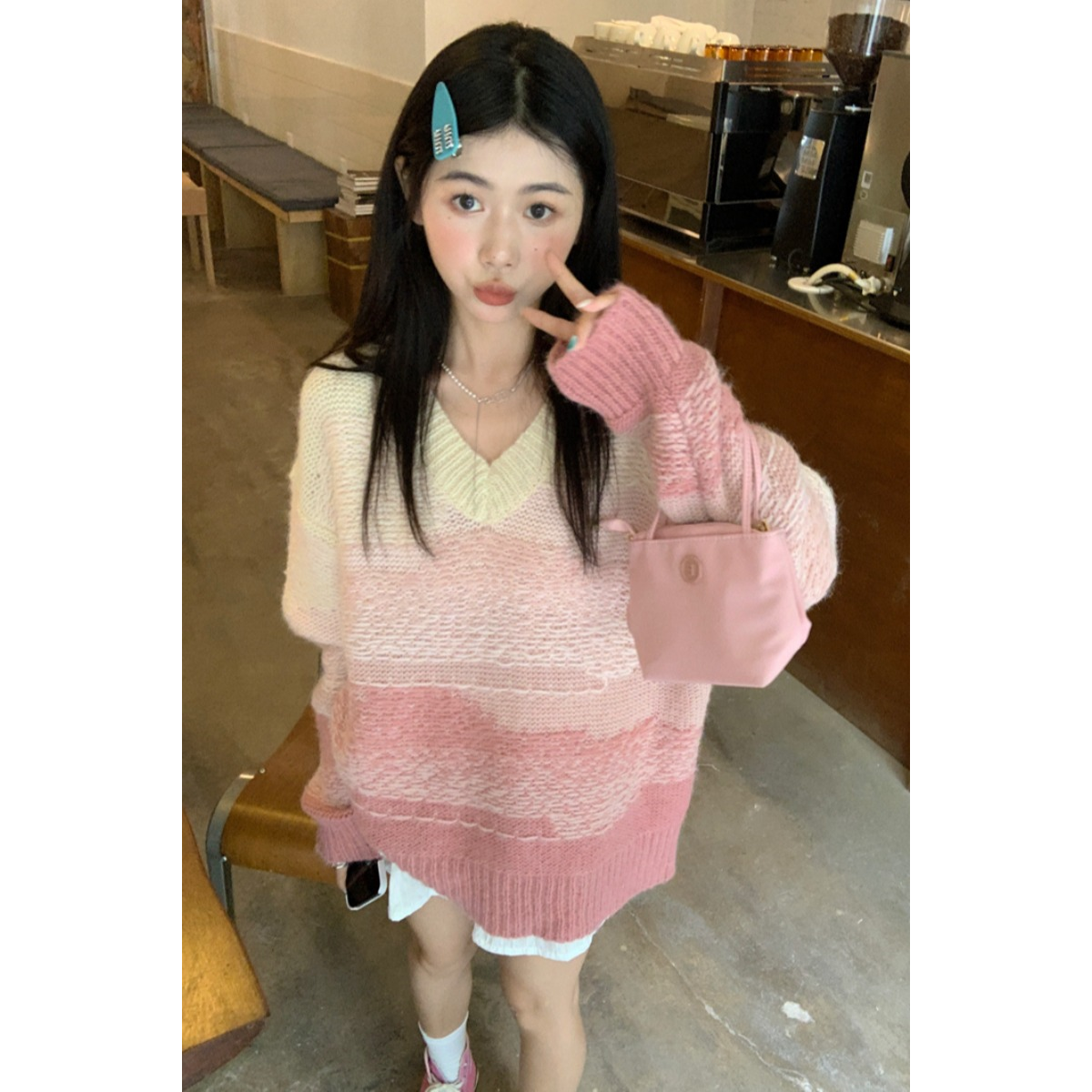 初秋奶系粉色慵懶風v領毛衣女秋冬法式溫柔韓版寬鬆針織衫上衣