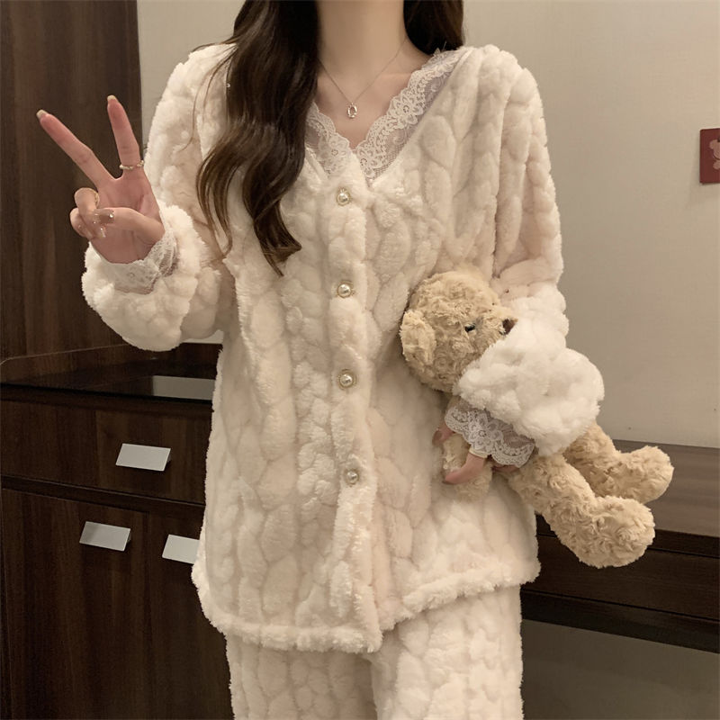 睡衣女珊瑚絨加絨加厚秋冬季2023新款網紅V領甜美簡約可外穿家居