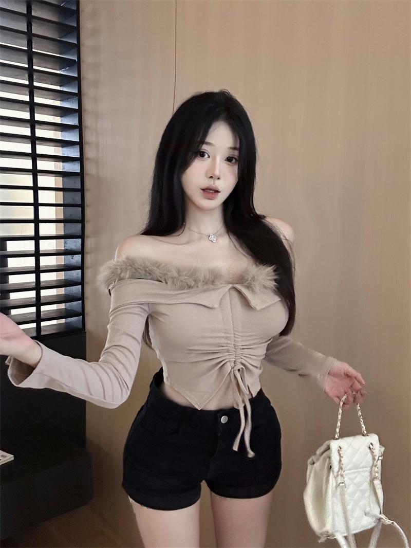 One-shoulder furry top for women with a design sense of pure lust hotties short drawstring bottoming shirt with small shirt for autumn and winter