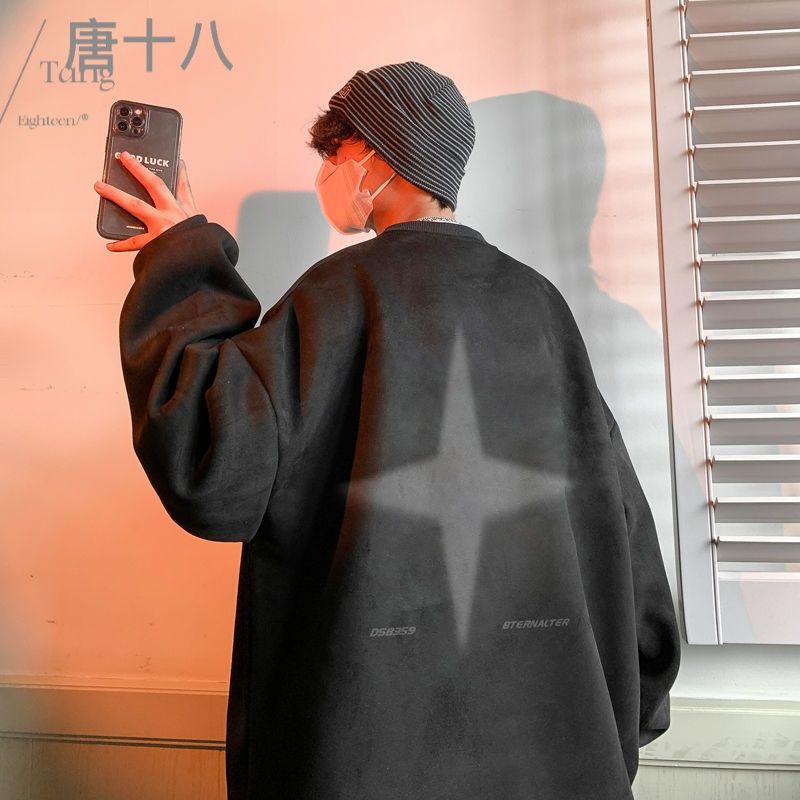 唐十八麂皮絨美式衛衣男春秋季潮牌痞帥大碼寬鬆胖子長袖圓領外套