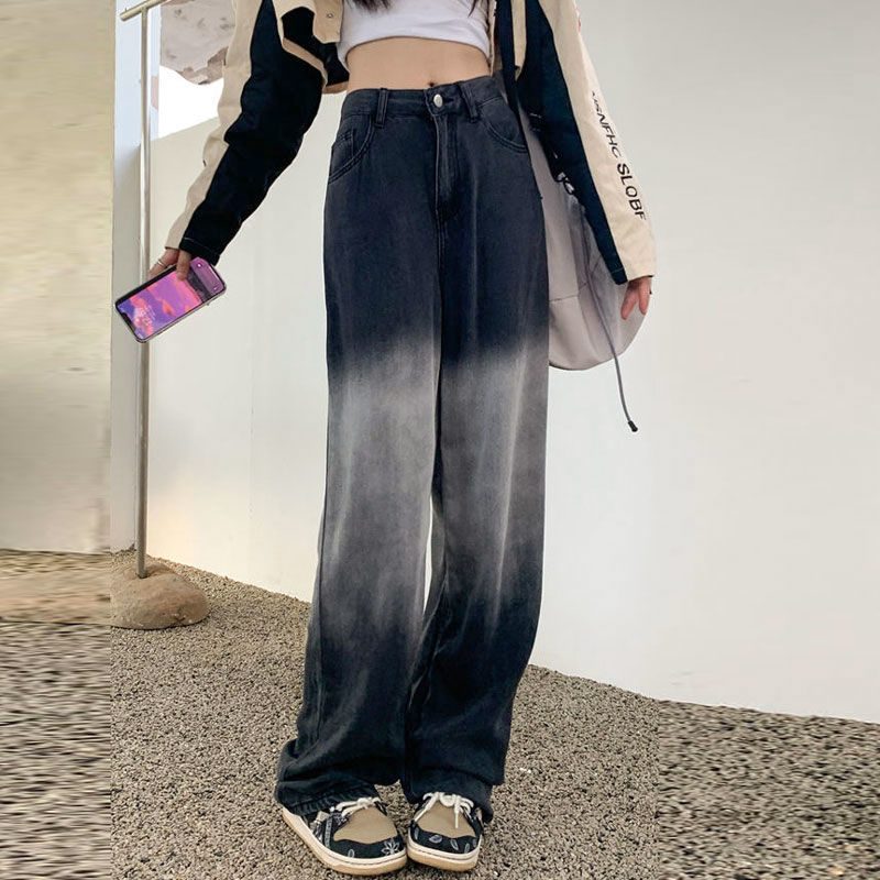 漸變牛仔褲女設計網紅黑灰高腰休閒闊腿長褲子寬鬆直筒撞色拖地褲
