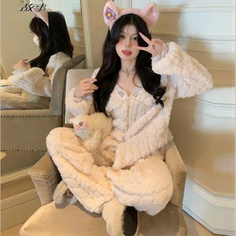 法蘭絨睡衣女秋冬季珊瑚加絨加厚2023年新款網紅風家居服兩件套裝