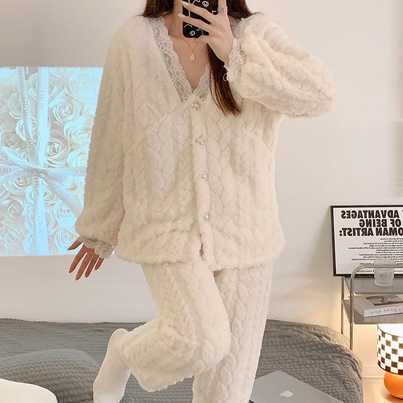 2023年新款睡衣女秋冬季珊瑚絨加厚加絨冬天保暖法蘭絨家居服套裝