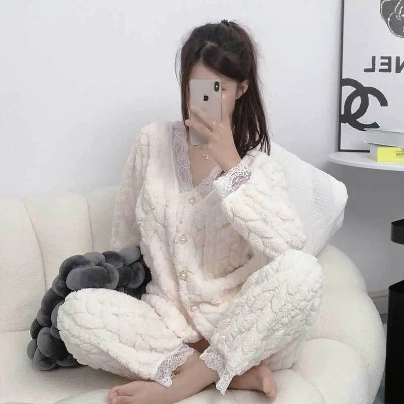 2023年新款睡衣女秋冬季珊瑚絨加厚加絨冬天保暖法蘭絨家居服套裝