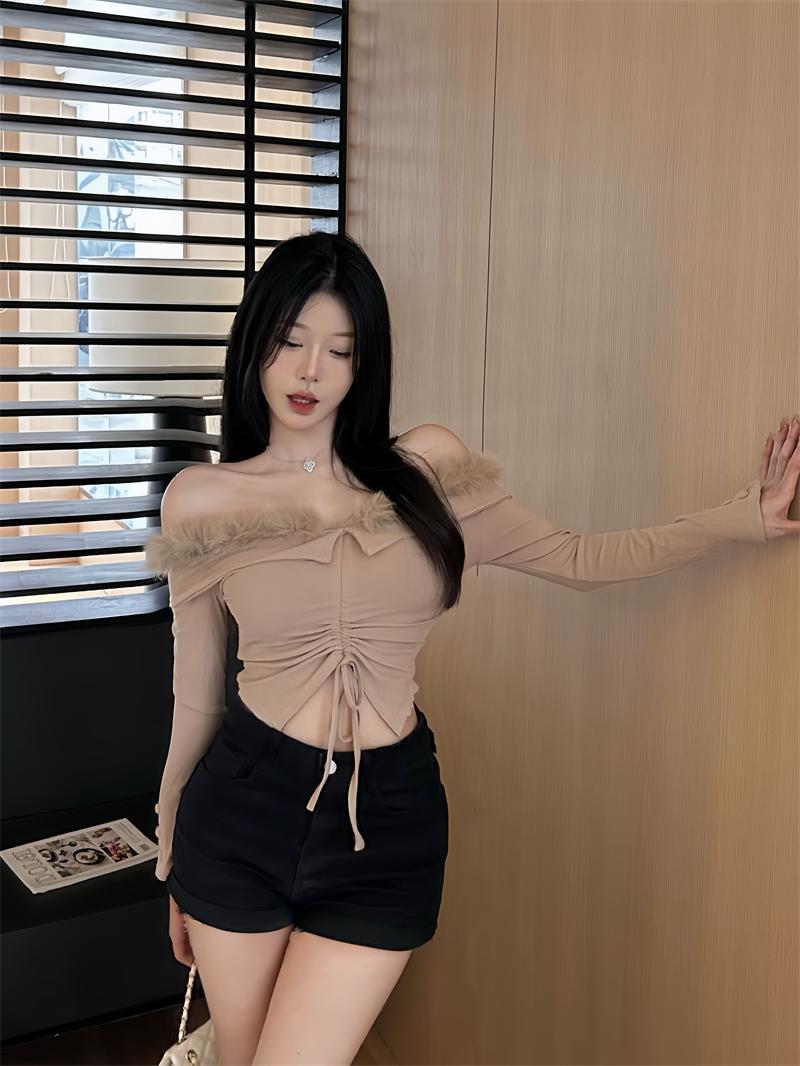 One-shoulder furry top for women with a design sense of pure lust hotties short drawstring bottoming shirt with small shirt for autumn and winter