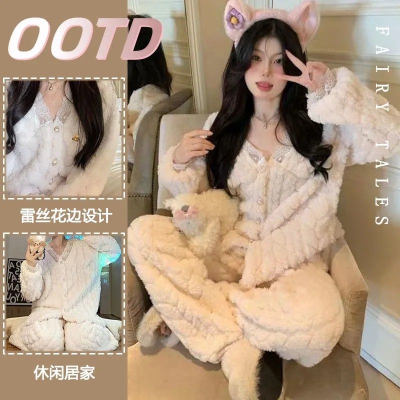 珊瑚絨睡衣女冬季加厚加絨公主風秋冬款法蘭絨開衫保暖家居服套裝