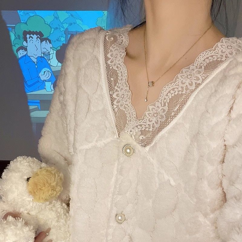 睡衣女款冬季珊瑚絨加絨加厚法蘭絨冬天蕾絲新款甜心家居服秋冬款