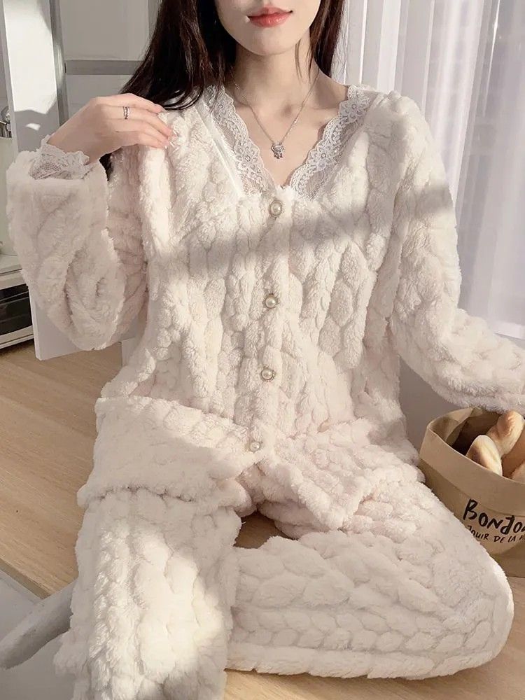 睡衣女秋冬季珊瑚絨加絨加厚長袖法蘭絨大碼套裝家居服冬天可外穿