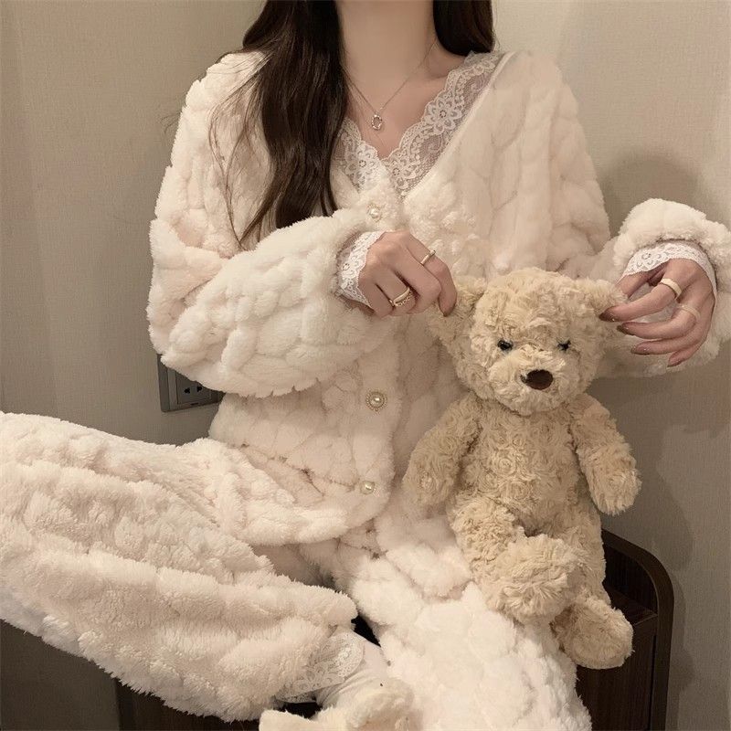 珊瑚絨睡衣女秋冬季新款可愛公主風法蘭絨冬天加絨加厚家居服套裝