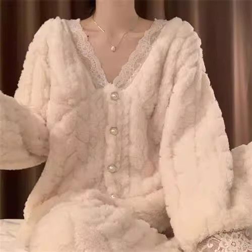 珊瑚絨睡衣女秋冬季長袖甜美可愛法蘭絨加厚保暖家居服套裝秋冬款