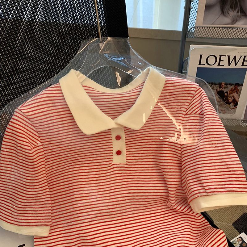 国潮牌polo领条纹短袖t恤女夏季新款宽松显瘦设计感气质百搭上衣