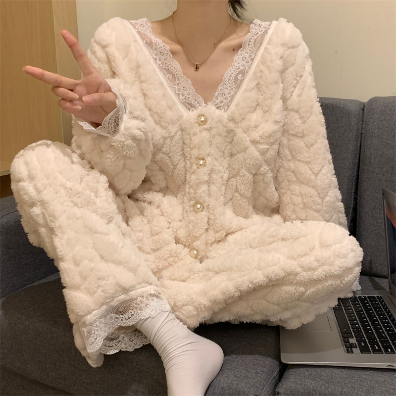睡衣女珊瑚絨加絨加厚秋冬季2023新款網紅V領蕾絲簡約可外穿家居