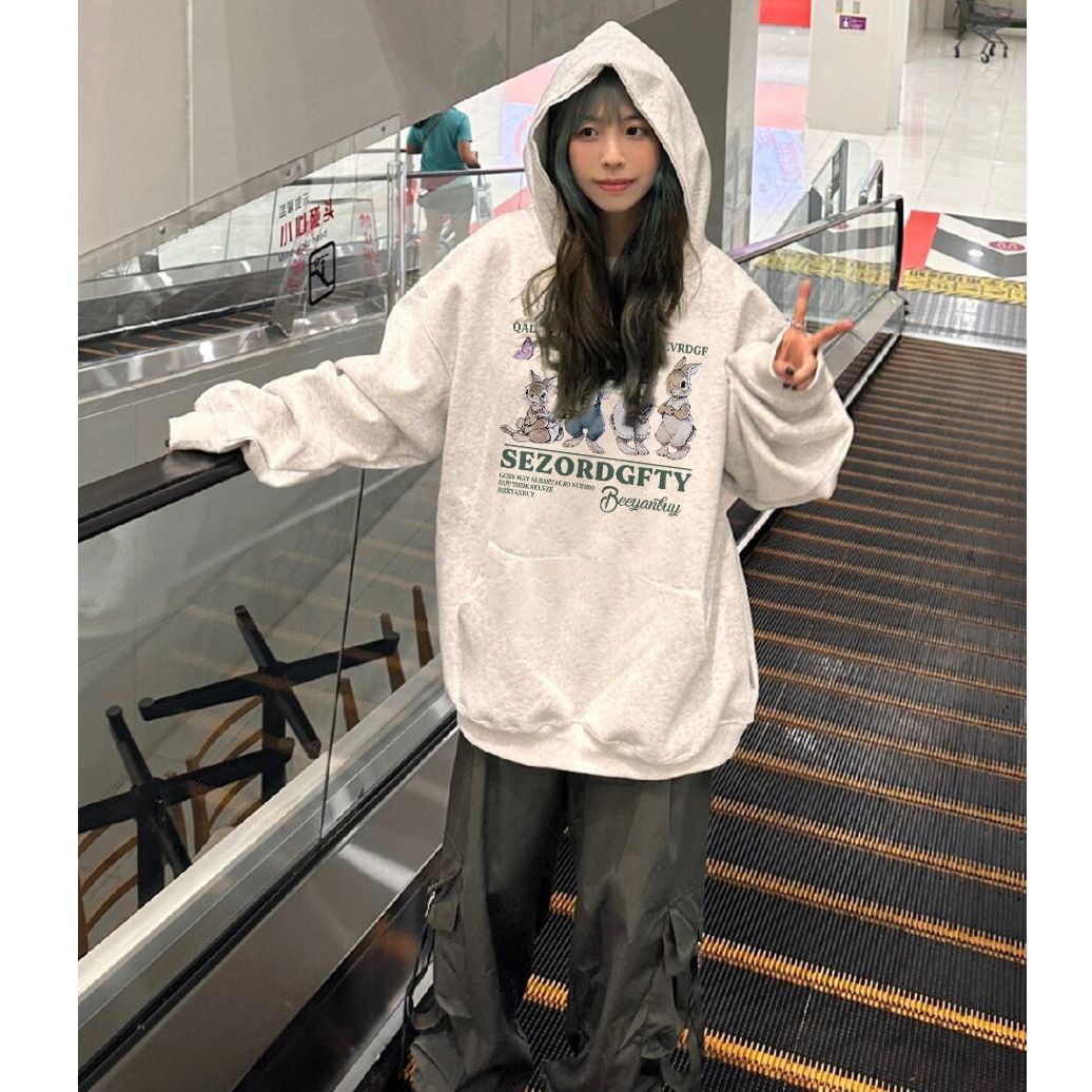 100%重磅純棉兔子印花連帽衛衣女小眾慵懶風2023春秋薄款外套潮牌