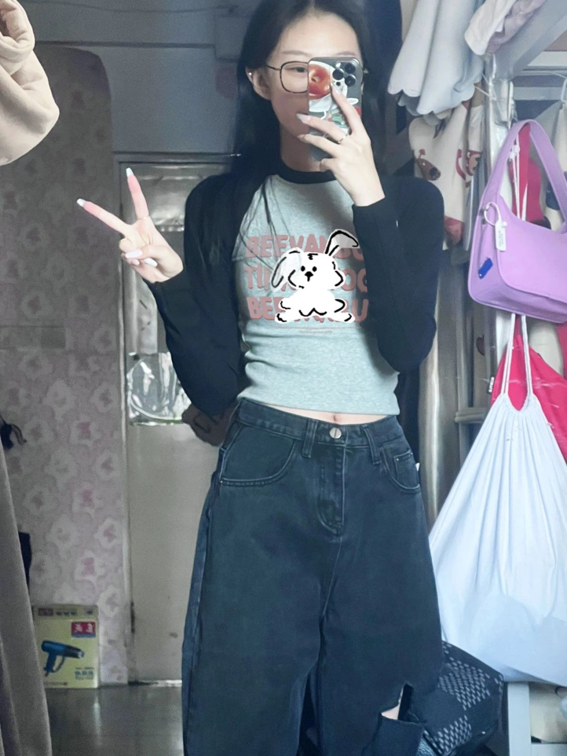 T恤女復古港風短款修身印花長袖內搭打底衫秋季2023新款撞色上衣