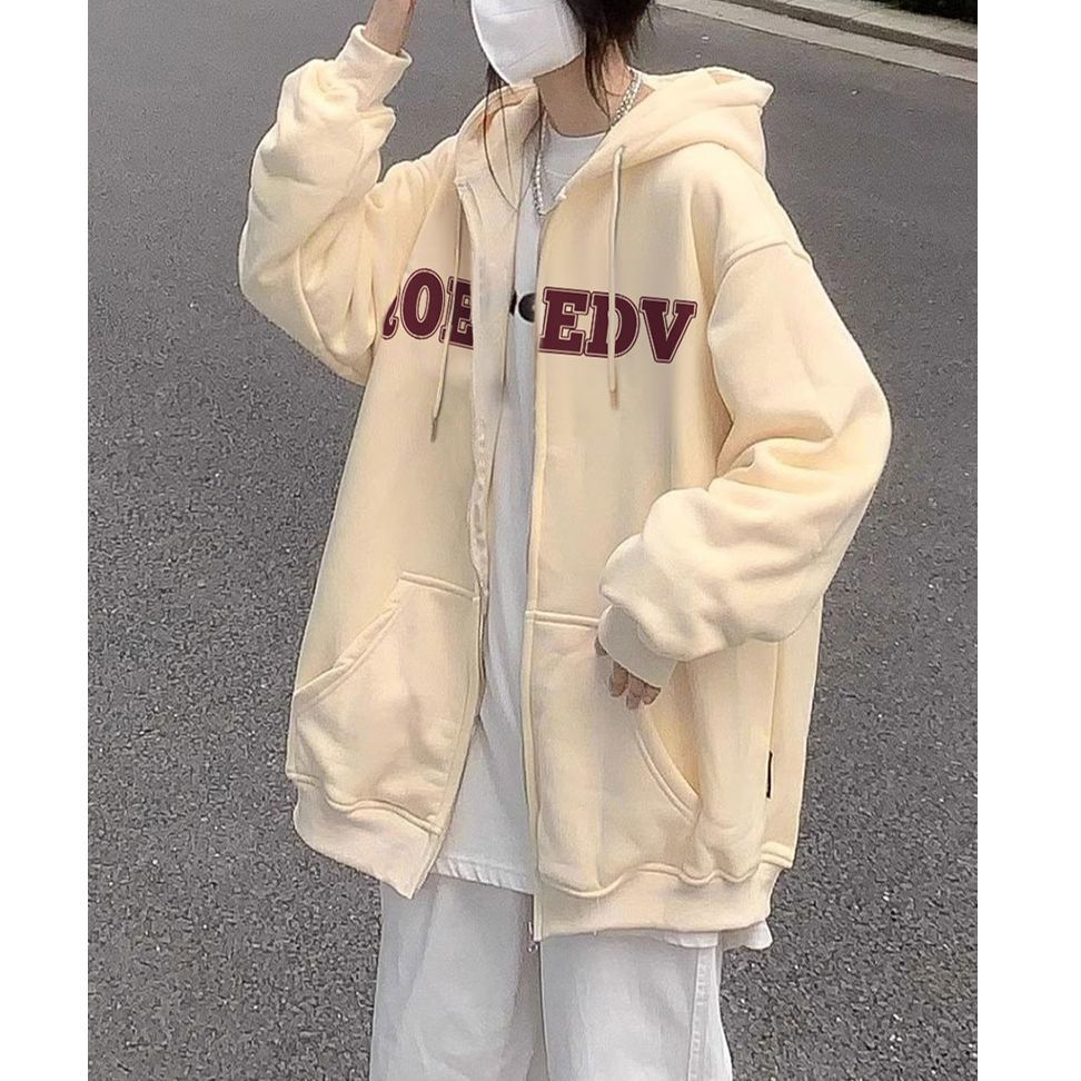 100%重磅純棉字母印花衛衣女開衫拉鏈外套2023春秋薄款寬鬆上衣潮