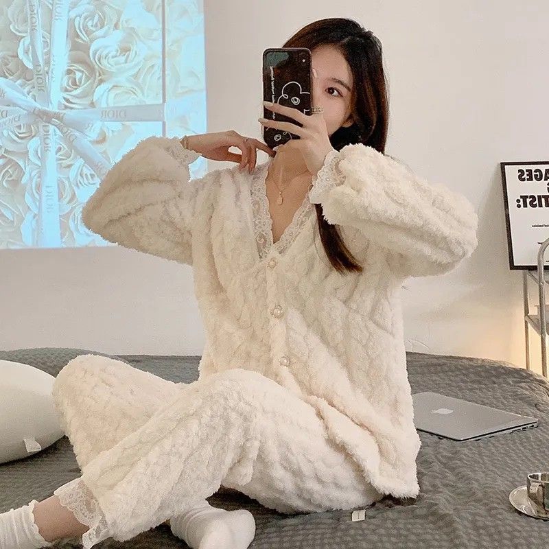 珊瑚絨睡衣冬季女款加厚加絨長袖保暖可外穿法蘭絨春秋家居服套裝