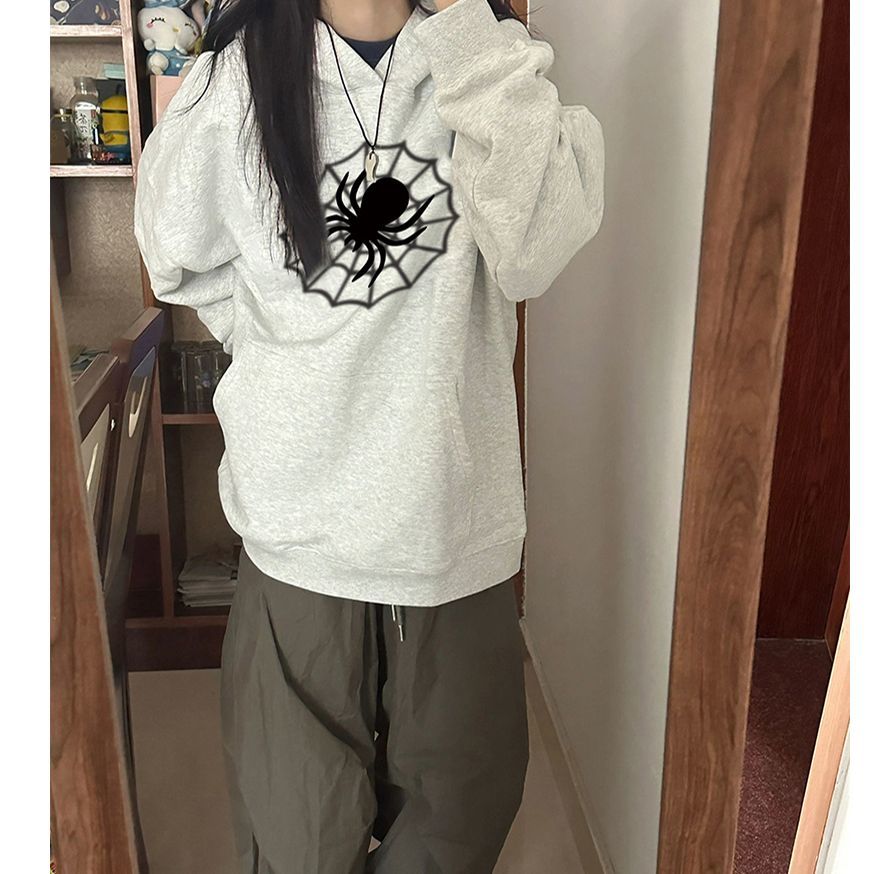 100%重磅純棉蜘蛛印花衛衣女連帽寬鬆oversize2023春秋薄款外套潮