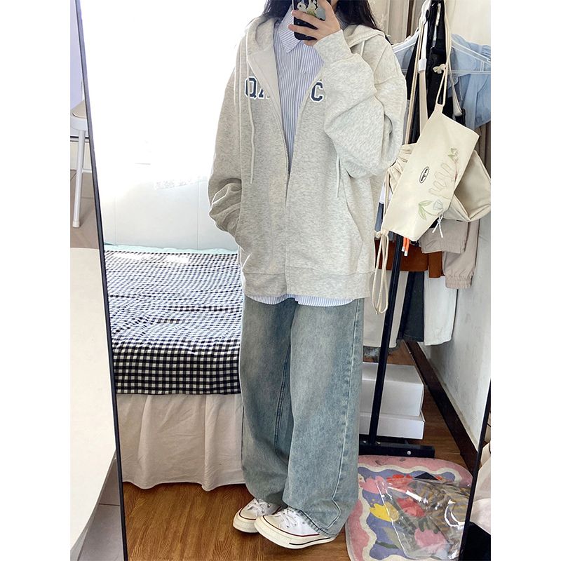 100%重磅純棉開衫衛衣女小眾慵懶風2023春秋薄款外套寬鬆拉鏈上衣