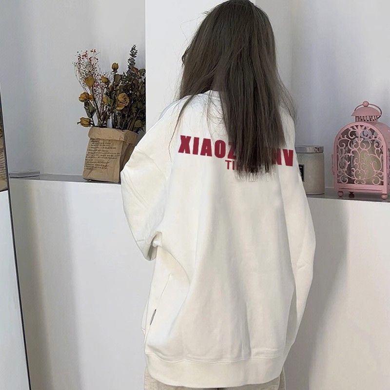 100%重磅純棉衛衣女長袖圓領oversize寬鬆小眾2023春秋薄慵懶上衣