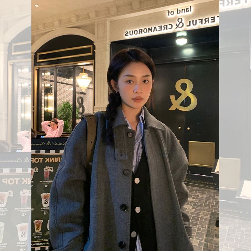 灰色雙面羊絨大衣女秋冬季高級感小個子中長款小香風加厚毛呢外套