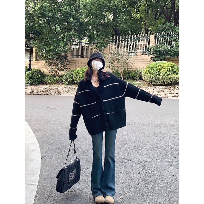 韓版chic黑色條紋針織毛衣女秋冬新款小眾寬鬆慵懶風百搭開衫外套