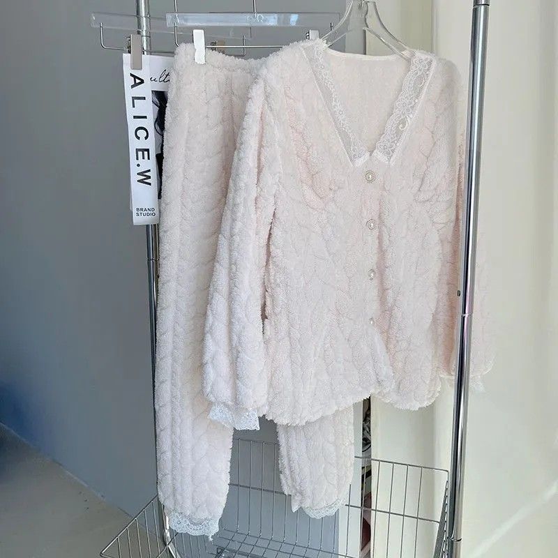 珊瑚絨毛絨睡衣女冬季款加絨加厚法蘭絨可愛外穿網紅風家居服套裝
