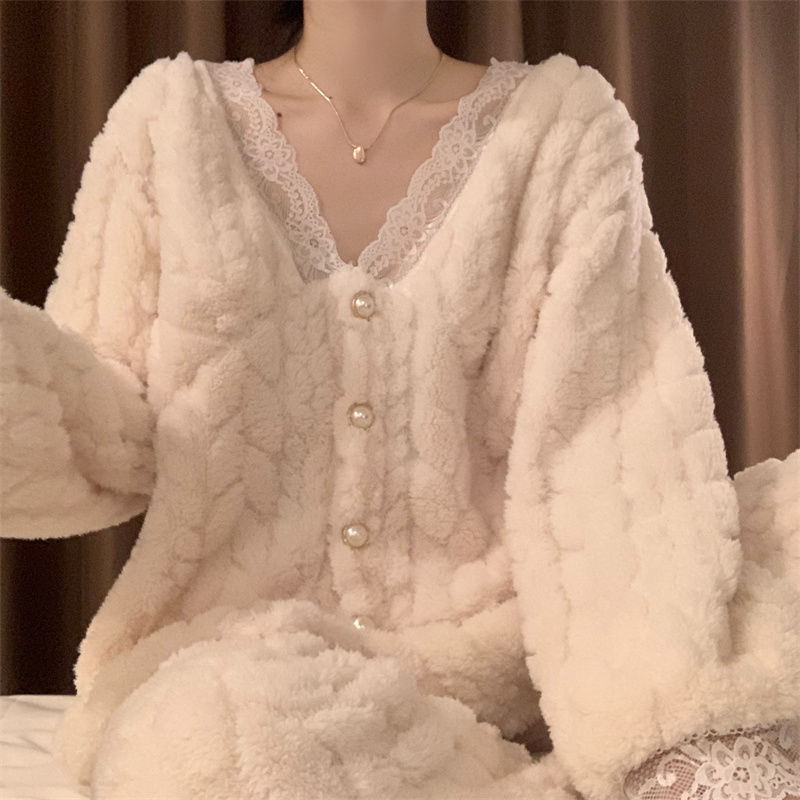 珊瑚絨睡衣女冬季加厚加絨公主風秋冬款法蘭絨開衫保暖家居服套裝
