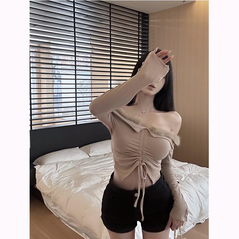 One-shoulder furry top for women with a design sense of pure lust hotties short drawstring bottoming shirt with small shirt for autumn and winter
