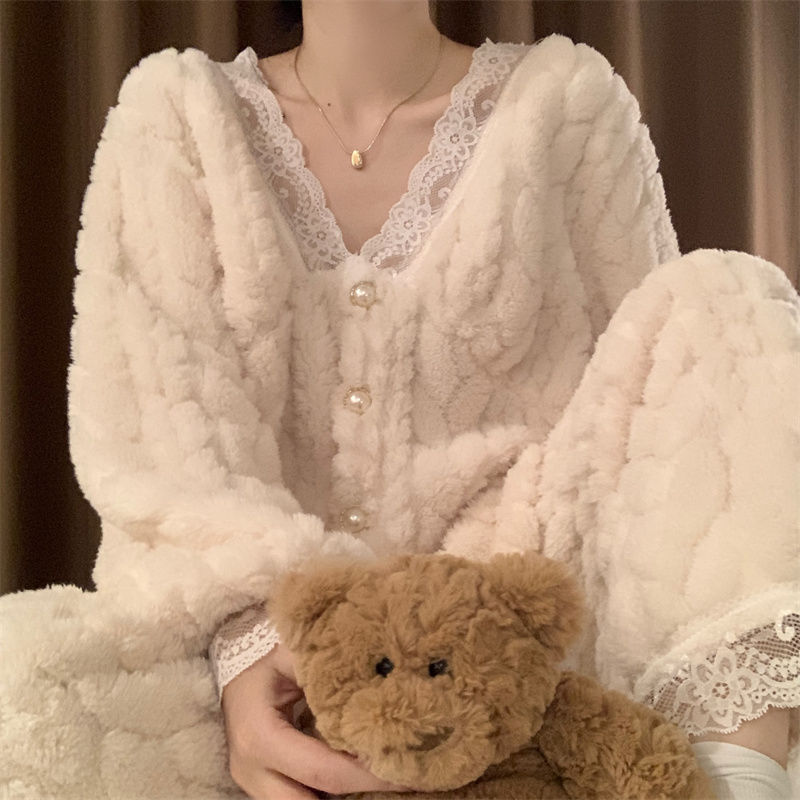 秋冬季珊瑚絨睡衣女加絨加厚2023年新款保暖法蘭絨冬天家居服套裝