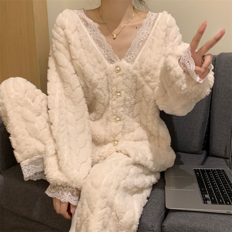 冬季2023年新款珊瑚絨加厚加絨睡衣女可外穿法蘭絨家居服冬款套裝