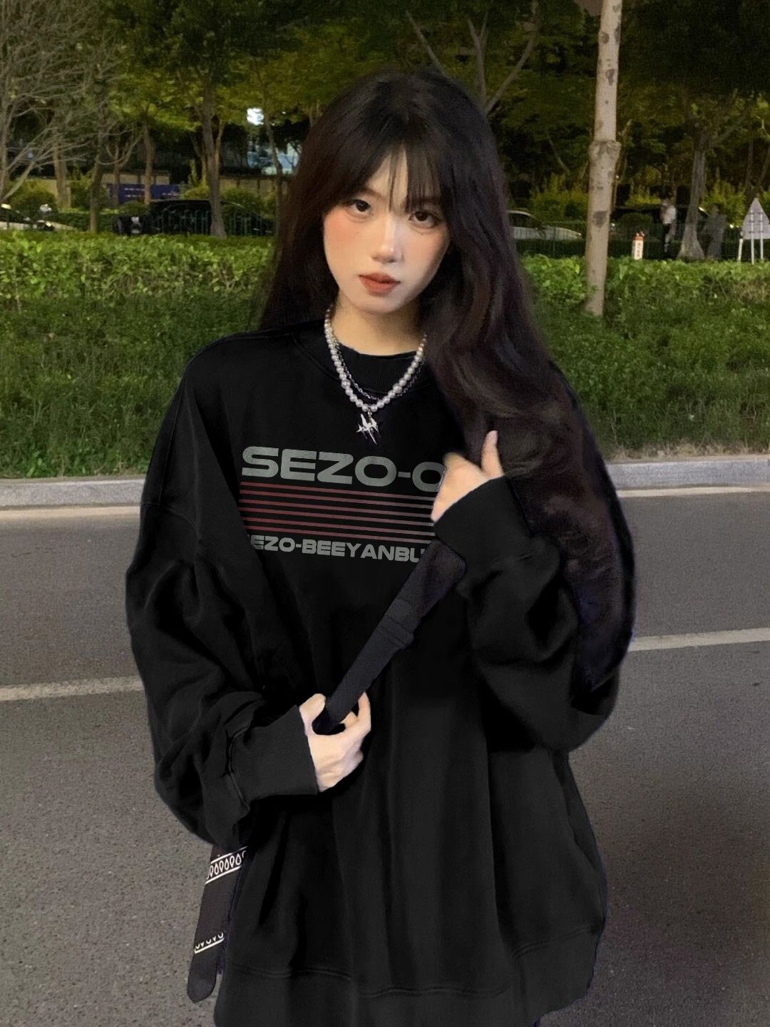 100%重磅純棉圓領衛衣女長袖oversize寬鬆2023春秋薄款小眾慵懶