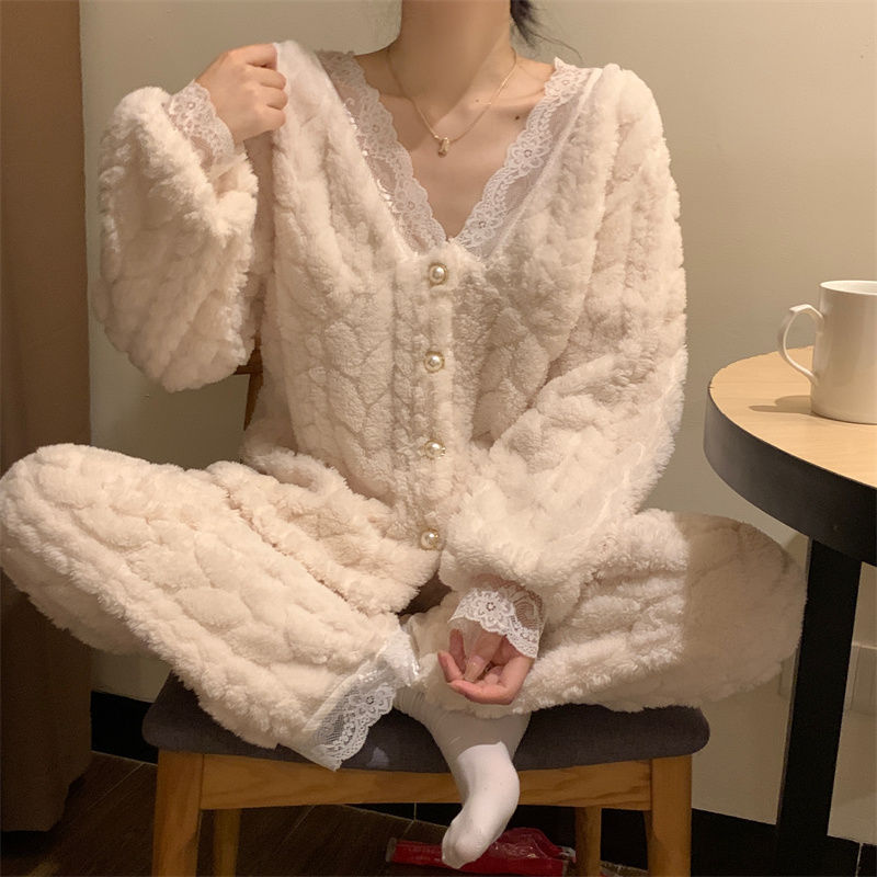 冬季2023年新款珊瑚絨加厚加絨睡衣女可外穿法蘭絨家居服冬款套裝