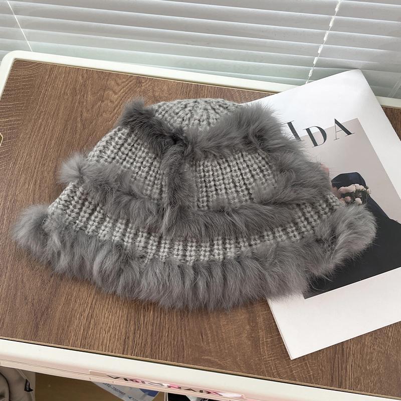 Pelo di coniglio lavorato a maglia per donna in autunno e inverno, caldo cappello di lana, panino di peluche resistente al freddo, piccolo cappello da pescatore in pelliccia_voghion.com