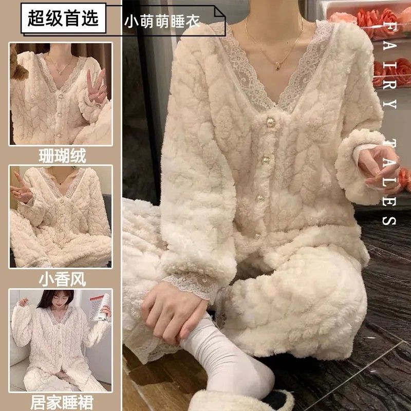 珊瑚絨睡衣女冬季加厚加絨可愛套裝法蘭絨公主風蕾絲家居服秋冬天