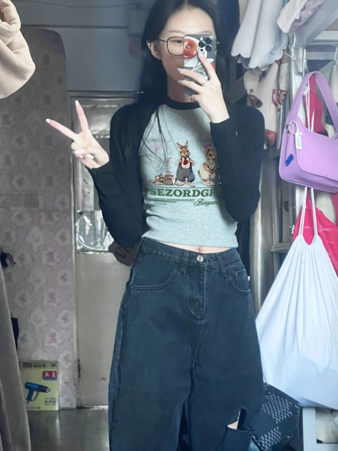 T恤女復古港風短款修身印花長袖內搭打底衫秋季2023新款撞色上衣