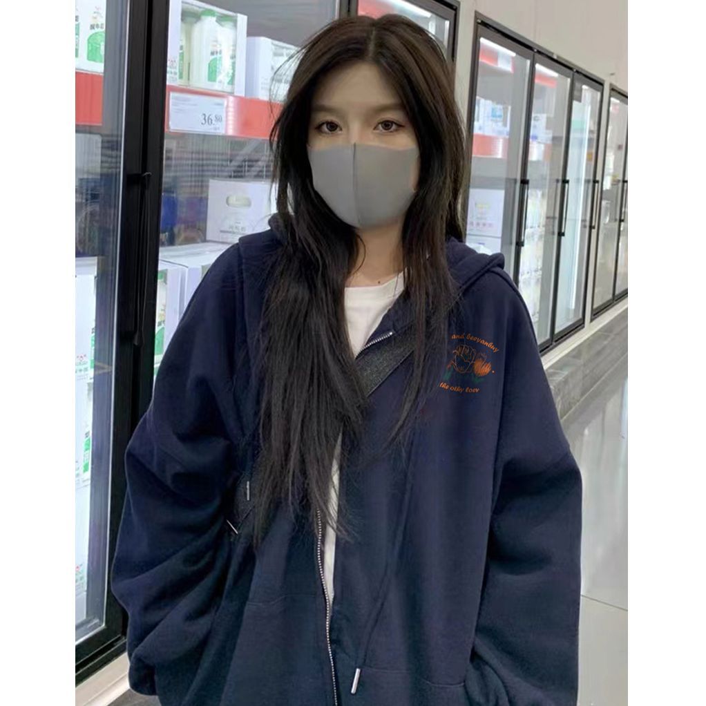 100%重磅純棉藏青色連帽衛衣女開衫外套寬鬆中長款2023春秋薄款潮