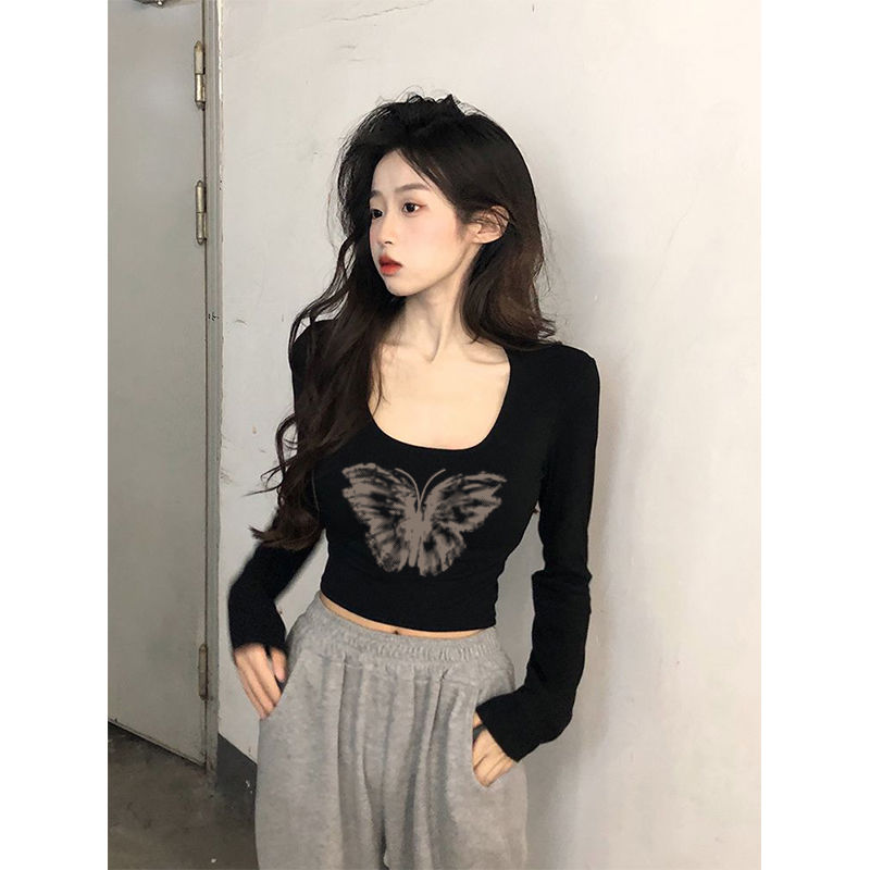 2023款早秋季純欲辣妹方領正肩長袖T恤女修身短款內搭打底衫上衣