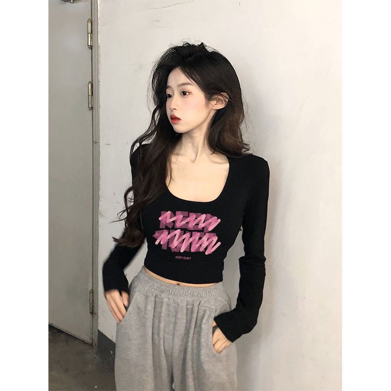 純欲風辣妹u領長袖t恤女秋季高腰露臍黑色內搭打底衫修身短款上衣