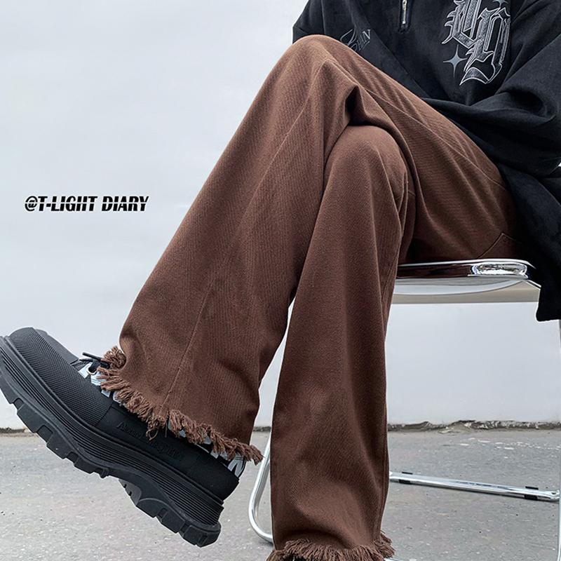 Brown trousers for men in spring American style high street raw edge bootcut jeans trendy brand handsome straight leg loose wide leg trousers