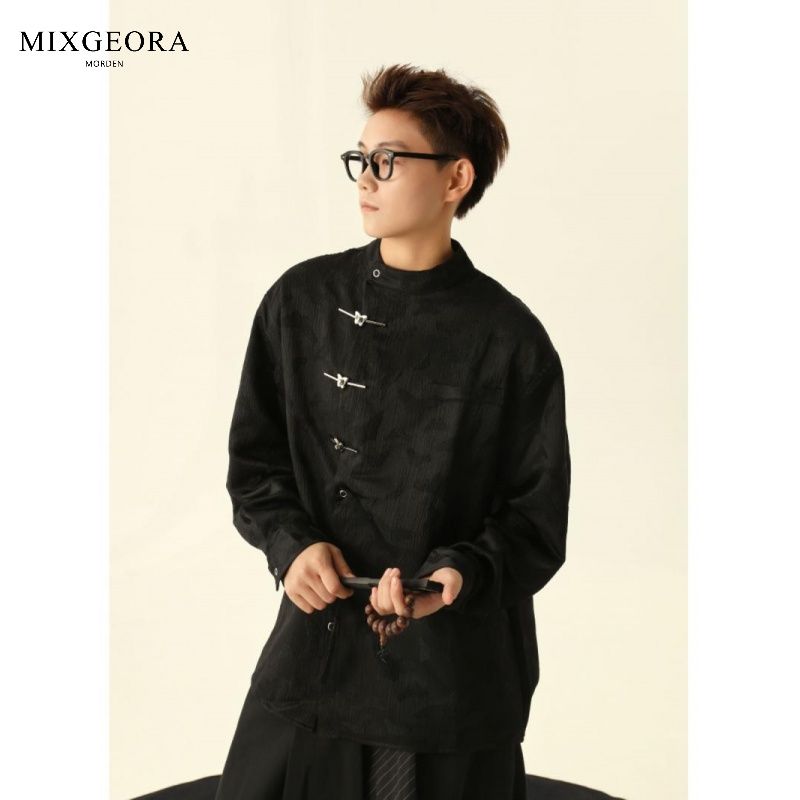 MIX GEORA new Chinese style long-sleeved shirt for men in autumn loose slimming pleated textured stand collar national style top
